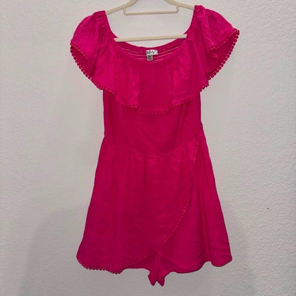 Justify Women's Sz M Romper Hot Pink Ruffled Off Shoulder Neck Sleeveless Barbie
